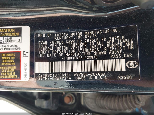4T1BD1FK8EU138876 Toyota Camry Hybrid Xle