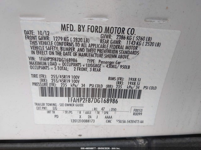 46056977 :رقم المزاد ، 1FAHP2F87DG168986 vin ، 2013 Ford Taurus Limited مزاد بيع