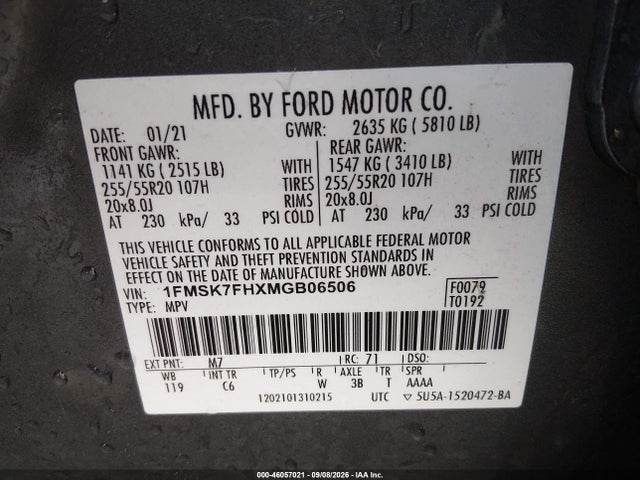 46057021 :رقم المزاد ، 1FMSK7FHXMGB06506 vin ، 2021 Ford Explorer Limited مزاد بيع