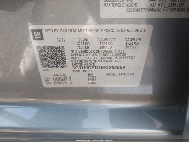 2021 Gmc Sierra 1500 4wd  Short Box Slt მანქანა იყიდება აუქციონზე, vin: 3GTU9DED1MG262959, აუქციონის ნომერი: 46057025
