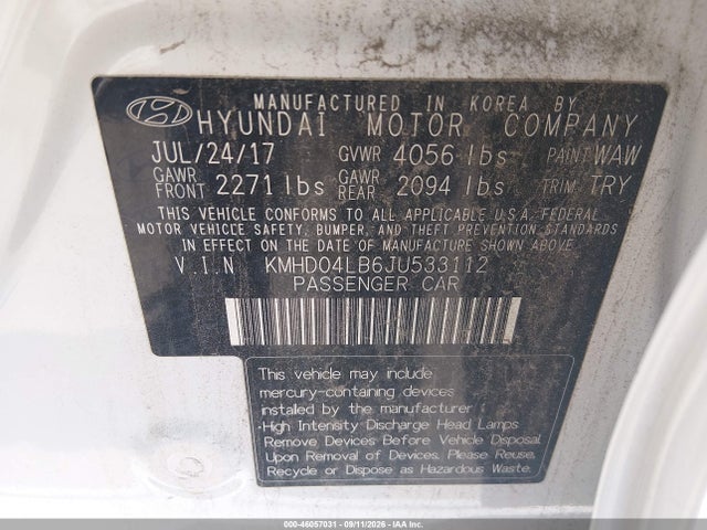 Auction sale of the 2018 Hyundai Elantra Sport, vin: KMHD04LB6JU533112, lot number: 46057031