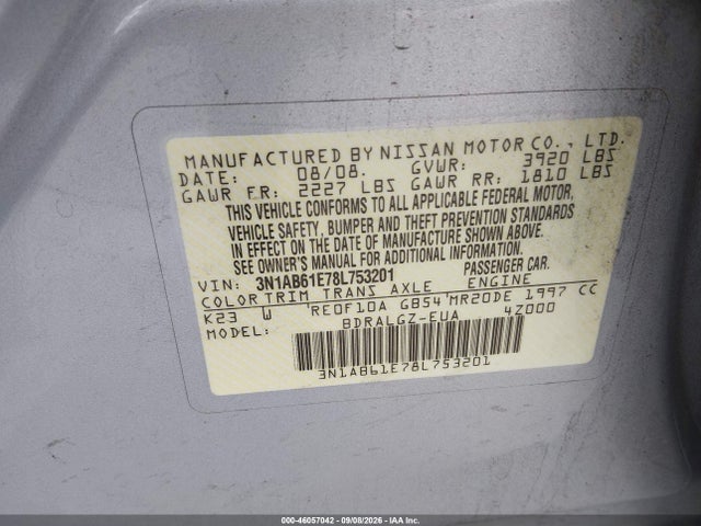 Продажа на аукционе авто 2008 Nissan Sentra 2.0sl, vin: 3N1AB61E78L753201, номер лота: 46057042
