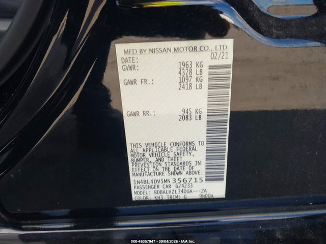 Продаж на аукціоні авто 2021 Nissan Altima Sv Fwd, vin: 1N4BL4DV5MN356715, номер лоту: 46057047