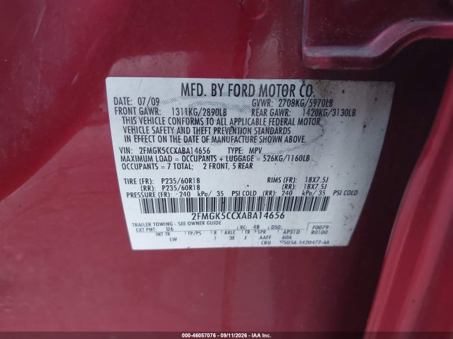2010 Ford Flex Sel მანქანა იყიდება აუქციონზე, vin: 2FMGK5CCXABA14656, აუქციონის ნომერი: 46057076