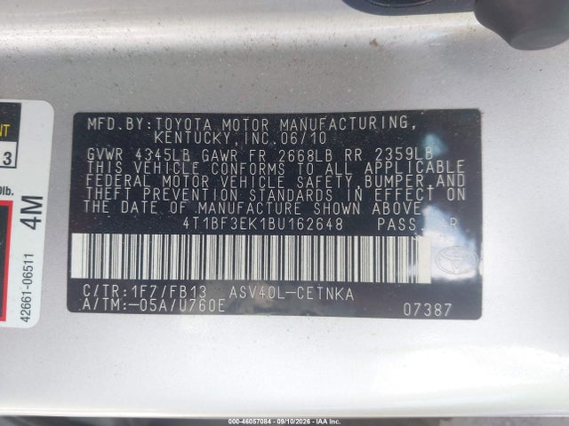 2011 Toyota Camry Le მანქანა იყიდება აუქციონზე, vin: 4T1BF3EK1BU162648, აუქციონის ნომერი: 46057084