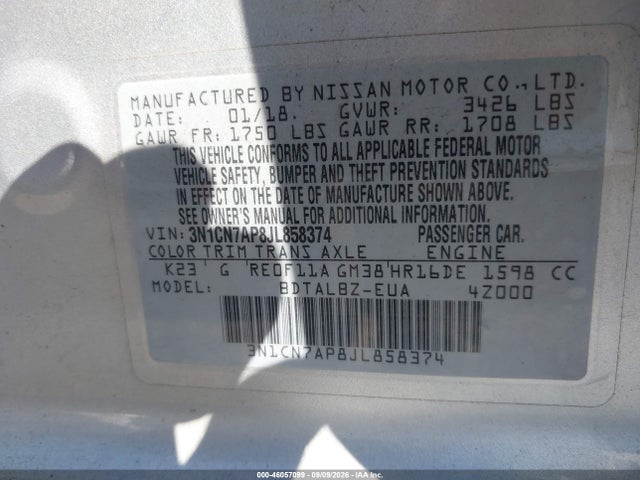 46057099 :رقم المزاد ، 3N1CN7AP8JL858374 vin ، 2018 Nissan Versa 1.6 Sv مزاد بيع