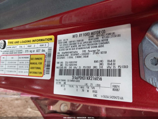 Ford FUSION SE 2019 3FA6P0HD1KR216056 Image 9