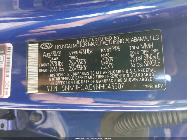 Aukcja sprzedaży 2022 Hyundai Tucson Limited, vin: 5NMJECAE4NH043507, numer aukcji: 46057113