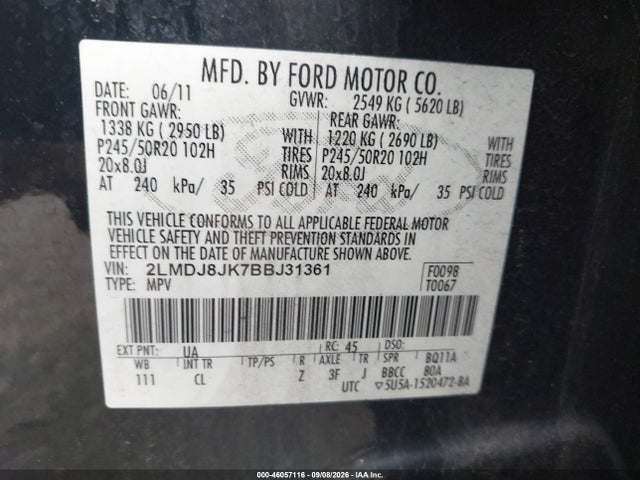 Auction sale of the 2011 Lincoln Mkx, vin: 2LMDJ8JK7BBJ31361, lot number: 46057116