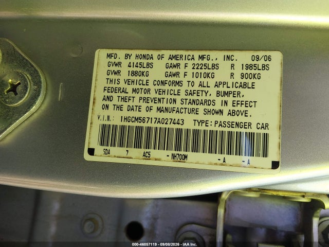 2007 Honda Accord 2.4 Ex მანქანა იყიდება აუქციონზე, vin: 1HGCM56717A027443, აუქციონის ნომერი: 46057119