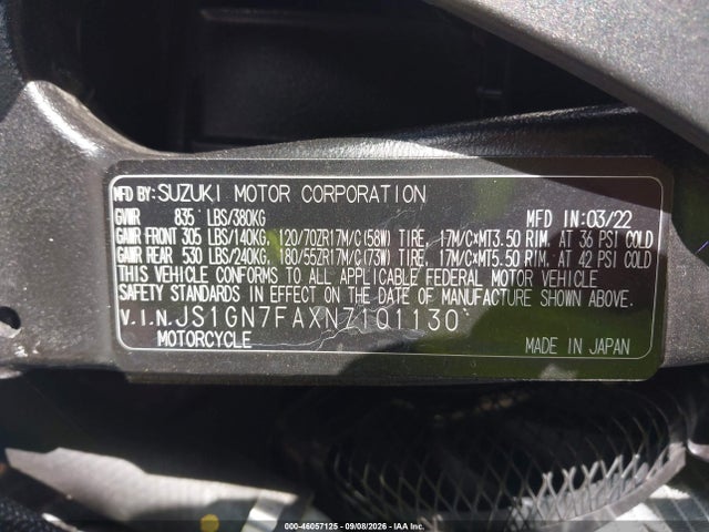 46057125 :رقم المزاد ، JS1GN7FAXN7101130 vin ، 2022 Suzuki Gsx-r600 مزاد بيع