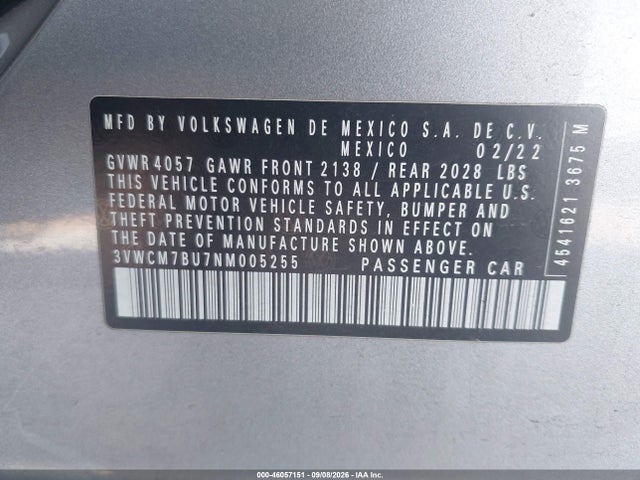 Продаж на аукціоні авто 2022 Volkswagen Jetta 1.5t S, vin: 3VWCM7BU7NM005255, номер лоту: 46057151