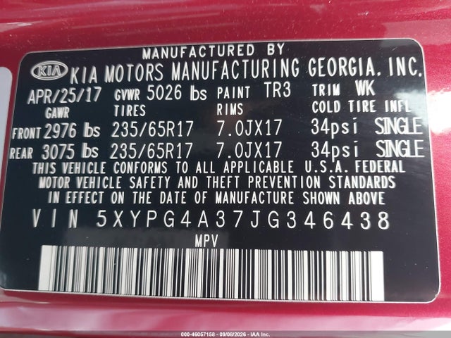 5XYPG4A37JG346438 KIA Sorento 2.4l Lx