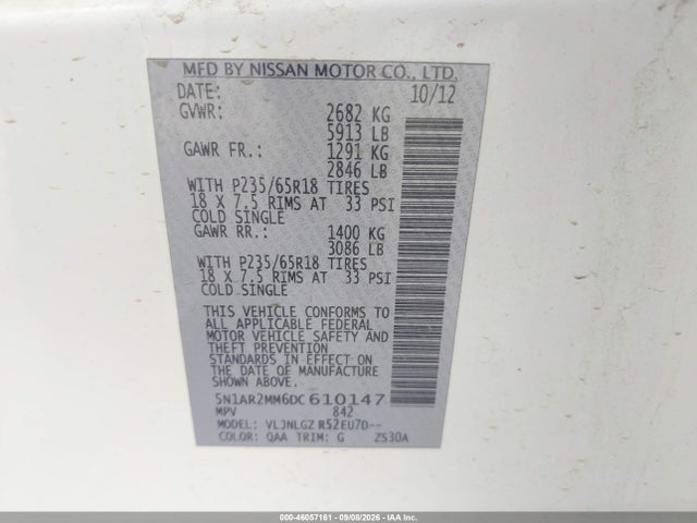 Продажа на аукционе авто 2013 Nissan Pathfinder Sl, vin: 5N1AR2MM6DC610147, номер лота: 46057161