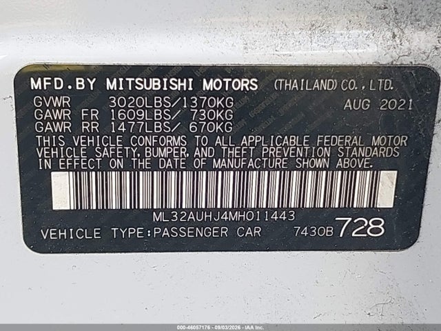 46057176 :رقم المزاد ، ML32AUHJ4MH011443 vin ، 2021 Mitsubishi Mirage Carbonite Edition/es/le مزاد بيع