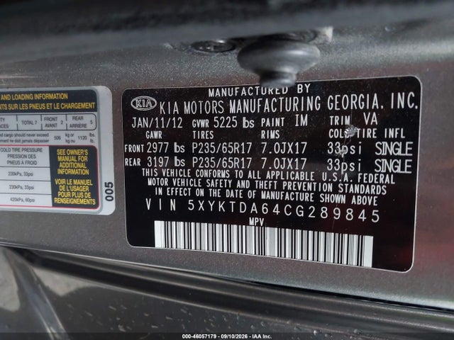Aukcja sprzedaży 2012 Kia Sorento Lx, vin: 5XYKTDA64CG289845, numer aukcji: 46057179