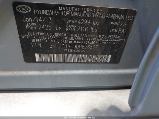 46057189 :رقم المزاد ، 5NPEB4AC9DH676567 vin ، 2013 Hyundai Sonata Gls مزاد بيع
