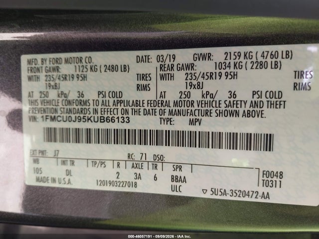 Продаж на аукціоні авто 2019 Ford Escape Titanium, vin: 1FMCU0J95KUB66133, номер лоту: 46057191