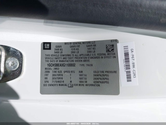 Chevrolet Colorado Wt 2016 1GCHSBEAXG1100802 Image 9