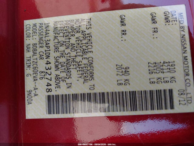 46057196 :رقم المزاد ، 1N4AL3AP1DN432748 vin ، 2013 Nissan Altima 2.5 Sv مزاد بيع