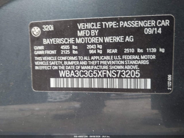 Aukcja sprzedaży 2015 Bmw 320i Xdrive, vin: WBA3C3G5XFNS73205, numer aukcji: 46057206