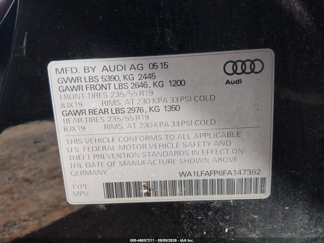 2015 Audi Q5 2.0t Premium მანქანა იყიდება აუქციონზე, vin: WA1LFAFP6FA147362, აუქციონის ნომერი: 46057211