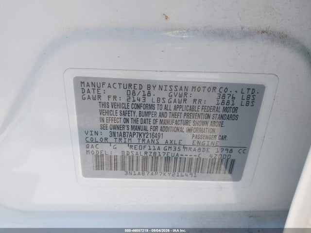 2019 Nissan Sentra Sr მანქანა იყიდება აუქციონზე, vin: 3N1AB7AP7KY216491, აუქციონის ნომერი: 46057219