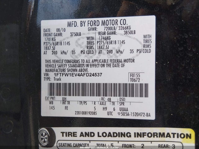 Продажа на аукционе авто 2010 Ford F-150 Fx4/harley-davidson/king Ranch/lariat/platinum/xl/xlt, vin: 1FTFW1EV4AFD24537, номер лота: 46057227