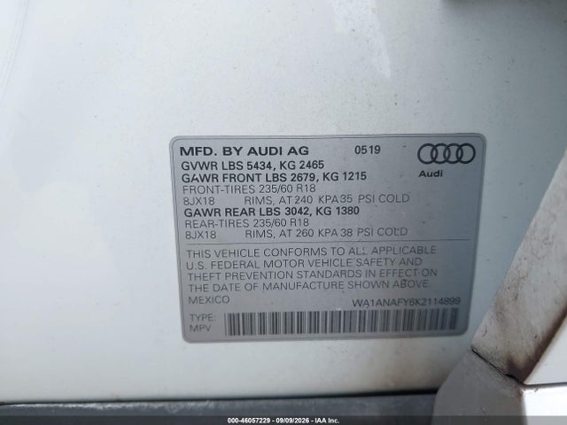 46057229 :رقم المزاد ، WA1ANAFY6K2114899 vin ، 2019 Audi Q5 45 Premium مزاد بيع