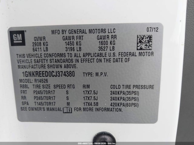 Продаж на аукціоні авто 2012 Chevrolet Traverse Ls, vin: 1GNKREED0CJ374380, номер лоту: 46057230