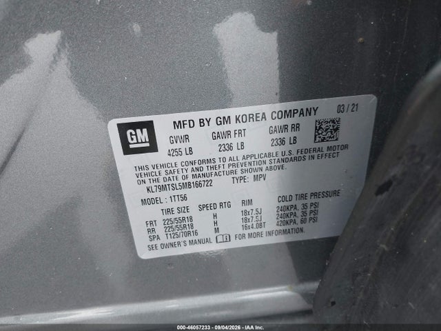 2021 Chevrolet Trailblazer Fwd Rs მანქანა იყიდება აუქციონზე, vin: KL79MTSL5MB166722, აუქციონის ნომერი: 46057233