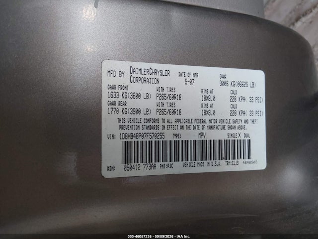 46057236 :رقم المزاد ، 1D8HB48P07F570255 vin ، 2007 Dodge Durango Slt مزاد بيع