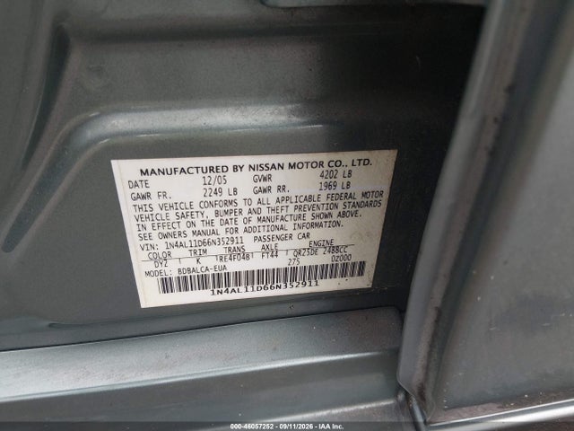 Продаж на аукціоні авто 2006 Nissan Altima 2.5 S, vin: 1N4AL11D66N352911, номер лоту: 46057252