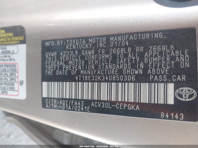 Продажа на аукционе авто 2004 Toyota Camry Xle, vin: 4T1BE32K34U850306, номер лота: 46057268