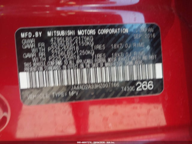 46057276 :رقم المزاد ، JA4AD2A33HZ007166 vin ، 2017 Mitsubishi Outlander Es مزاد بيع