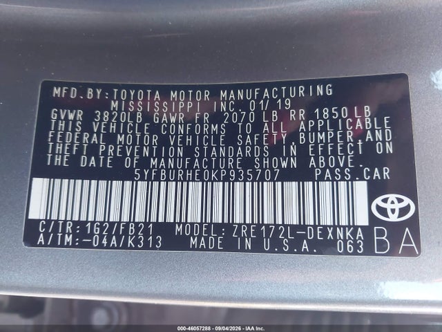 2019 Toyota Corolla Le მანქანა იყიდება აუქციონზე, vin: 5YFBURHE0KP935707, აუქციონის ნომერი: 46057288
