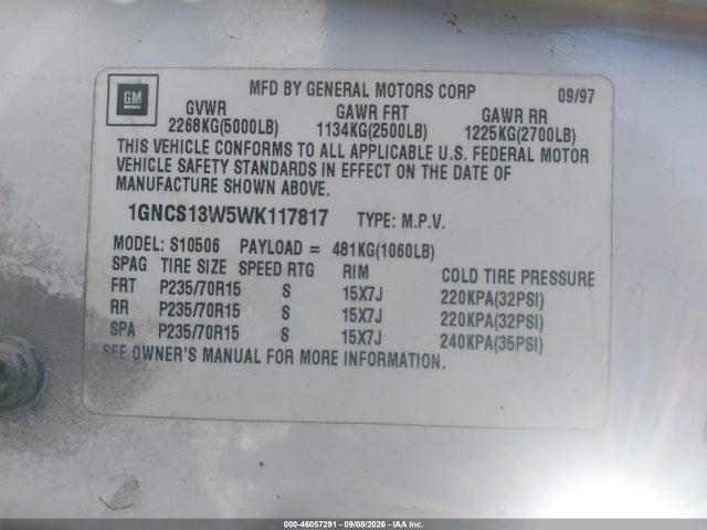 1998 Chevrolet Blazer Lt მანქანა იყიდება აუქციონზე, vin: 1GNCS13W5WK117817, აუქციონის ნომერი: 46057291
