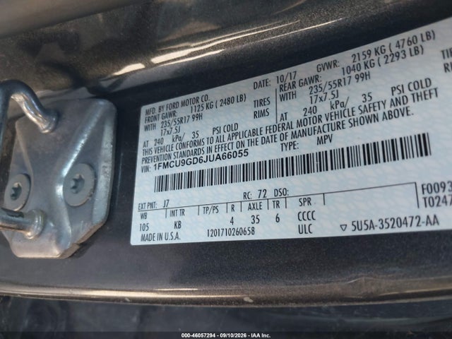 46057294 :رقم المزاد ، 1FMCU9GD6JUA66055 vin ، 2018 Ford Escape Se مزاد بيع