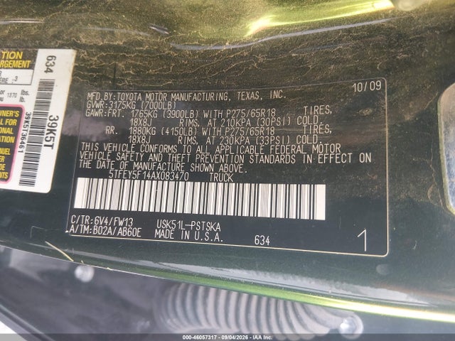 46057317 :رقم المزاد ، 5TFEY5F14AX083470 vin ، 2010 Toyota Tundra Grade 5.7l V8 مزاد بيع