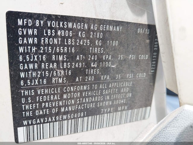 WVGAV3AX9EW504081 Volkswagen TIGUAN S