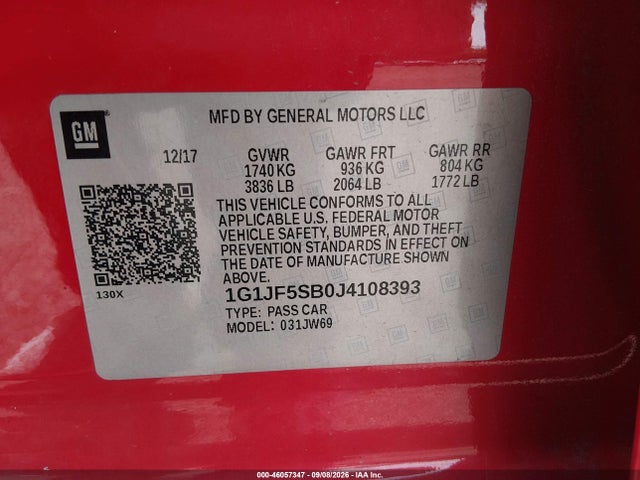 Aukcja sprzedaży 2018 Chevrolet Sonic Premier Auto, vin: 1G1JF5SB0J4108393, numer aukcji: 46057347