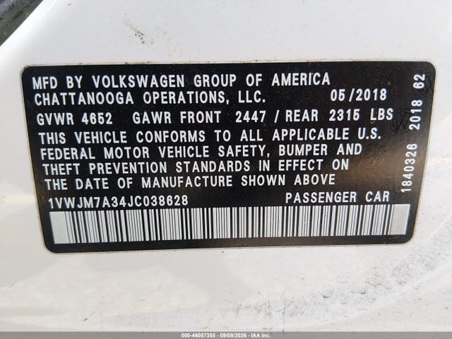 Aukcja sprzedaży 2018 Volkswagen Passat 3.6l V6 Gt, vin: 1VWJM7A34JC038628, numer aukcji: 46057355