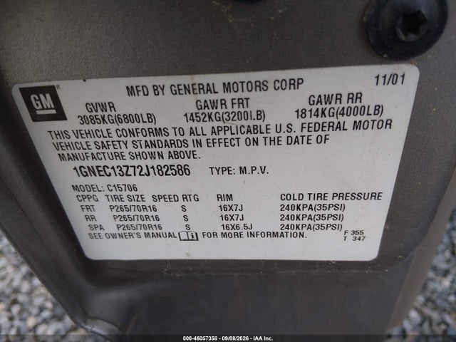 46057358 :رقم المزاد ، 1GNEC13Z72J182586 vin ، 2002 Chevrolet Tahoe Lt مزاد بيع