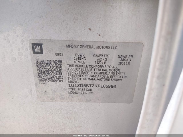 46057370 :رقم المزاد ، 1G1ZD5ST2KF105986 vin ، 2019 Chevrolet Malibu Lt مزاد بيع