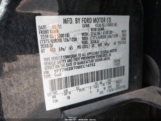 46057371 :رقم المزاد ، 1FT7W2BT0BEC14752 vin ، 2011 Ford F-250 Lariat مزاد بيع