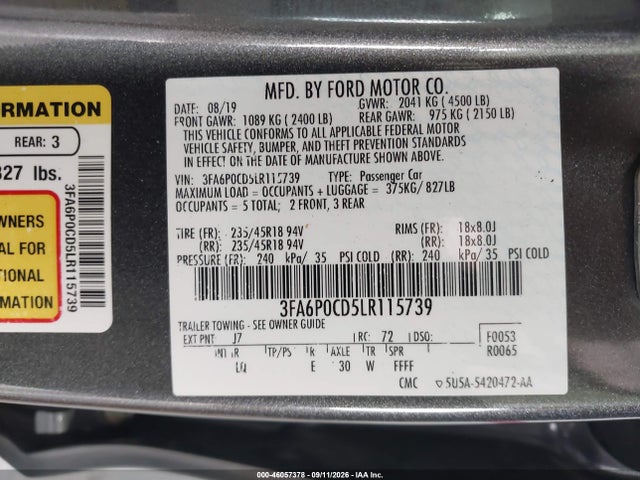 2020 Ford Fusion Sel მანქანა იყიდება აუქციონზე, vin: 3FA6P0CD5LR115739, აუქციონის ნომერი: 46057378
