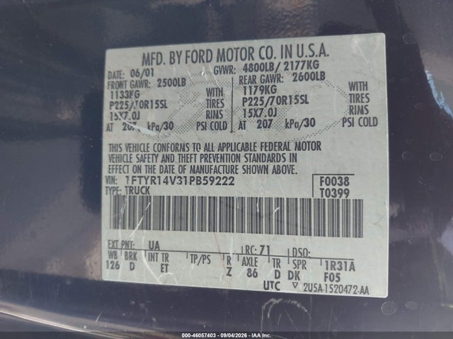 Продажа на аукционе авто 2001 Ford Ranger Edge/xl/xlt, vin: 1FTYR14V31PB59222, номер лота: 46057403