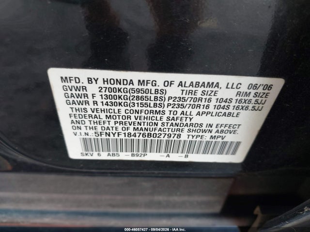 Aukcja sprzedaży 2006 Honda Pilot Ex, vin: 5FNYF18476B027978, numer aukcji: 46057427