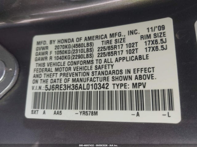 2010 Honda Cr-v Lx მანქანა იყიდება აუქციონზე, vin: 5J6RE3H36AL010342, აუქციონის ნომერი: 46057432