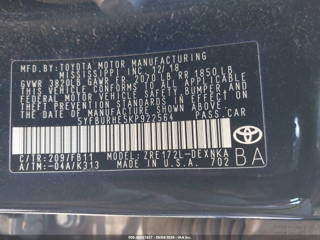 Продаж на аукціоні авто 2019 Toyota Corolla Le, vin: 5YFBURHE5KP922564, номер лоту: 46057437